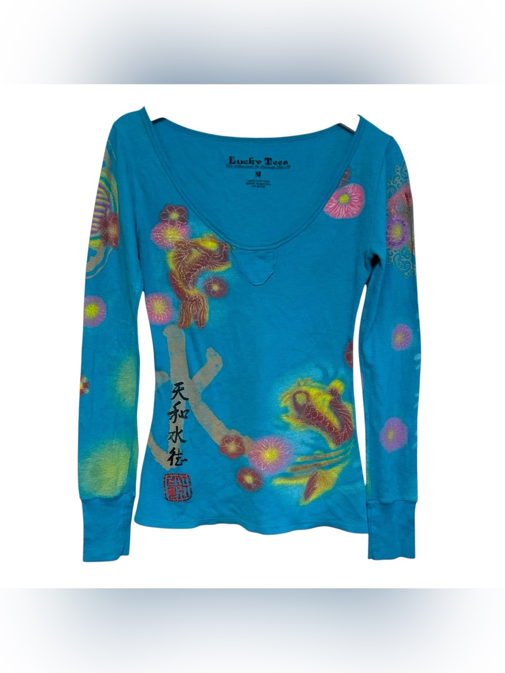 Lucky brand M graphic Henley Asian text floral koi fish water boho indie vintage